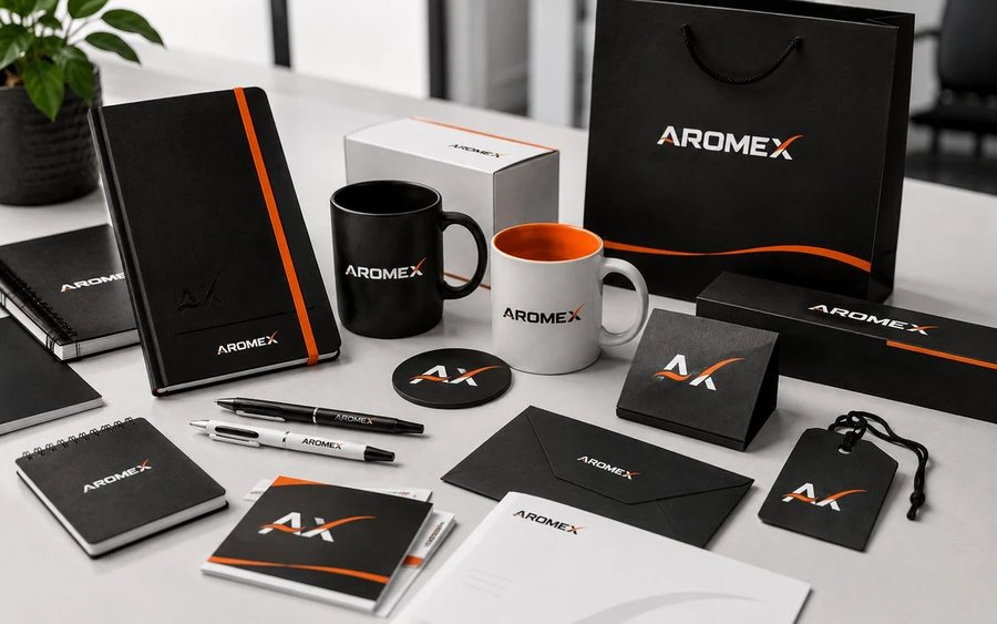 Promotional products with logo: notebook, mug, pen and bag